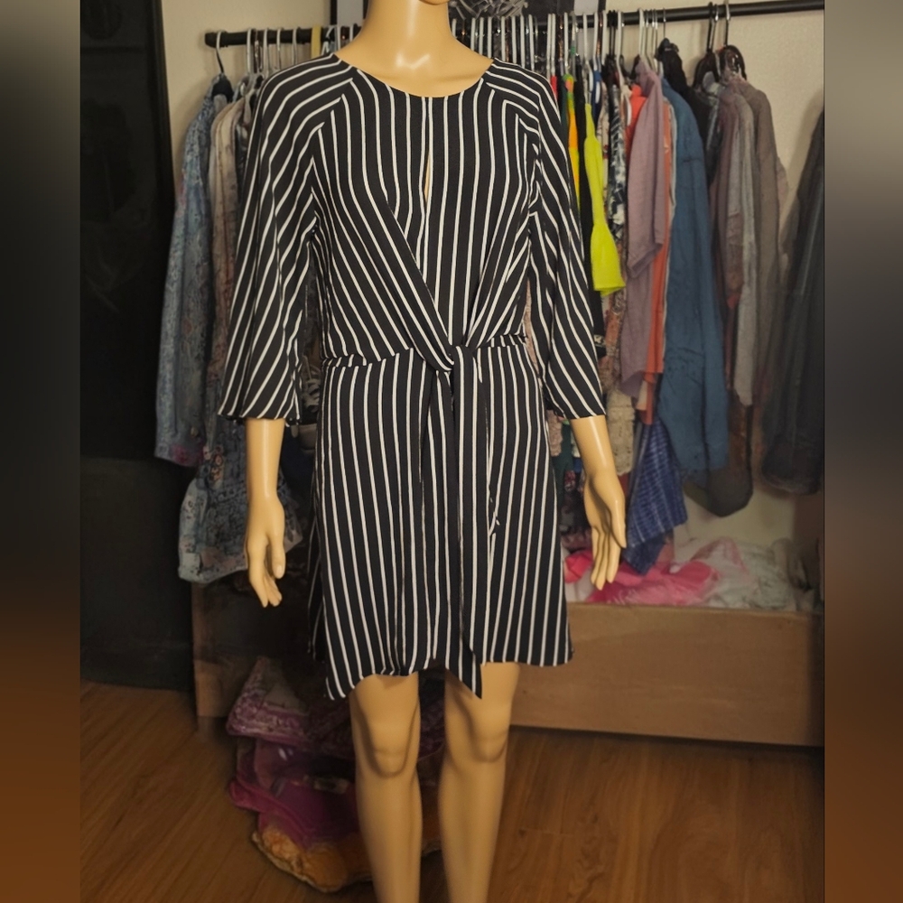 Gypsies & Moobdust Black & White Striped Tie-Waist Dress